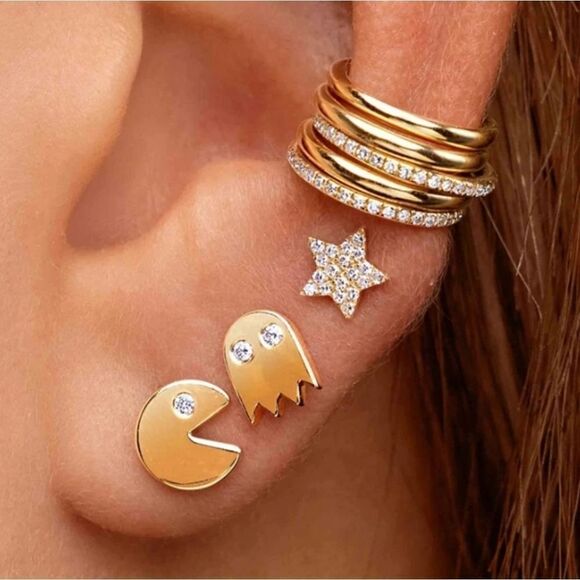 14K Gold Pac Man Mismatch Earrings Set - Picture 3 of 3
